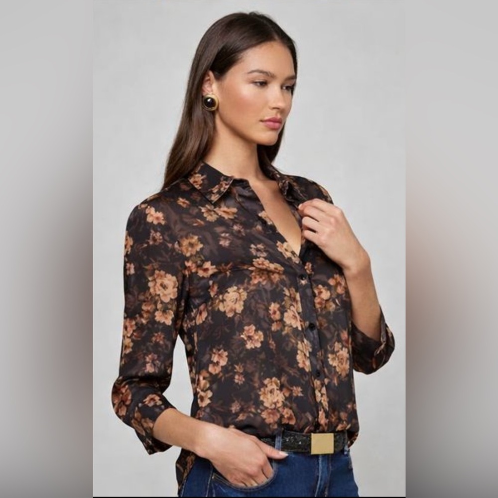 L'AGENCE Floral Black and Brown Dani Blouse Sz S/P